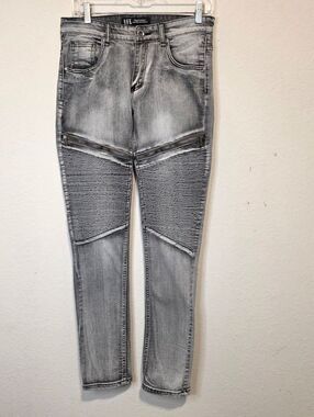 ROK Hand Crafted Biker Jeans Acid Wash Blue Moto Ribbed Streetwear  Size W30 L32